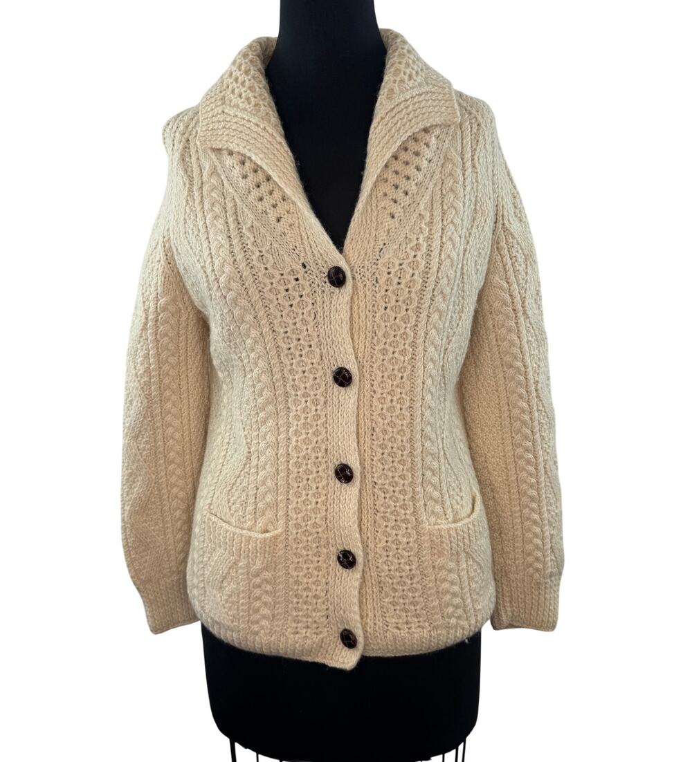 VINTAGE Sheila Handknits Ireland Cream Cardigan Sweater Cable Knit Front Button